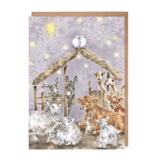 Přání s adventním kalendářem Wrendale Designs "Away in a Manger" - Betlém