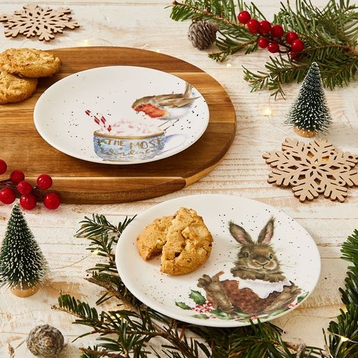 Vánoční porcelánové talířky Wrendale Designs, 2 ks - Červenka a králík