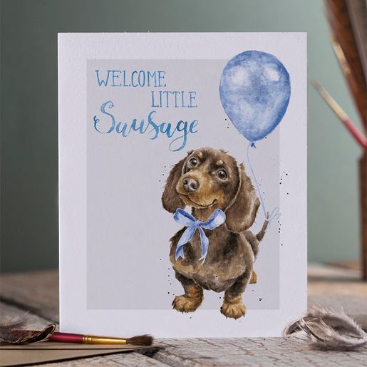 Přání k narození dítěte Wrendale Designs "Little Sausage" - Jezevčík v modré