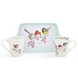 Dárková sada 2 ks hrnků s táckem Wrendale Designs "One Snowy Day" - Ptáčci