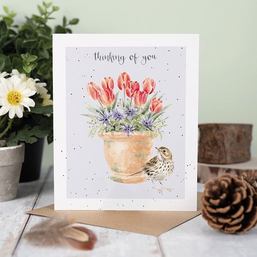 Přání Wrendale Designs "The Meadow Pipit" - Linduška a tulipány