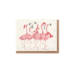 Dárková kartička Wrendale Designs "Flamingle Bells" - Plameňáci, vánoční